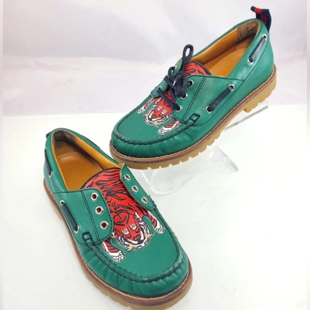 NWT$420 Gucci Boy's Green Leather Loafer w/ Red Animal Print Sz Gucci 30 US 12.5